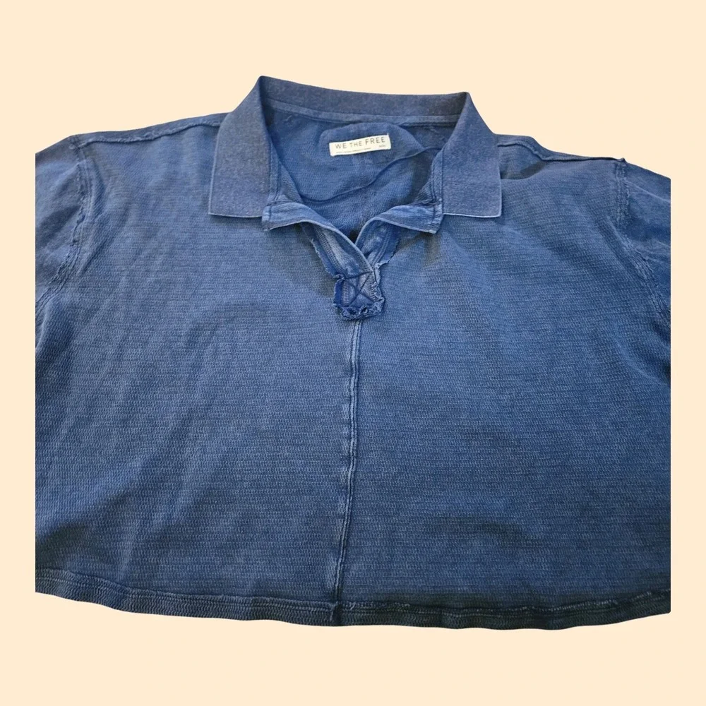 We The Free Free People Cropped Polo Shirt Blue Waffle‎ Knit Boxy Top L